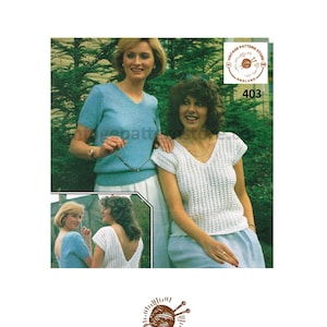 May include: A vintage knitting pattern for a white crocheted top with a V-neck and short sleeves. The pattern is from Vintage Pattern Store, England, and the pattern number is 403.