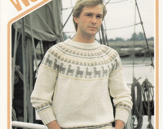 Original Knitting Pattern Wendy 2355 Mans Mens 80s vintage DK crew neck fair Isle yoke yoked raglan sweater jumper pattern 36" to 44" chest