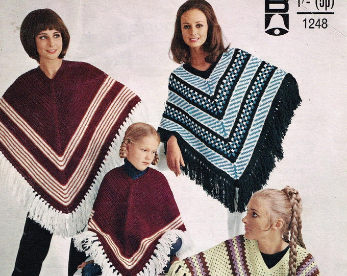 Original Pattern Bellmans 1248 Ladies Womens Girls 70s vintage DK round V neck striped & fair isle poncho pdf knitting and crochet pattern