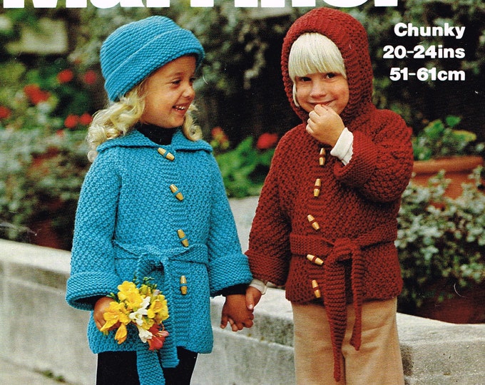 Boys Girls 70s duffle coat knitting pattern, Girls boys textured chunky knit belted coat pattern with optional hood 20" - 24" Marriner 1723