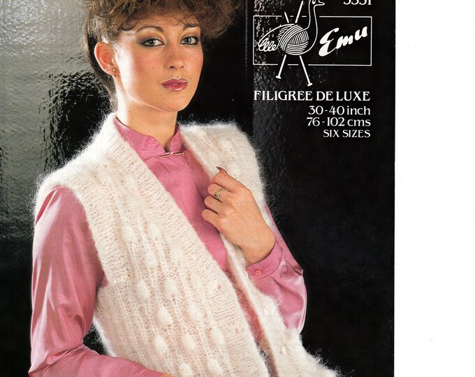 Original Knitting Pattern Emu 3581 Ladies Womens 80s vintage V neck cable cabled sleeveless cardigan waistcoat 30" to 40" chest