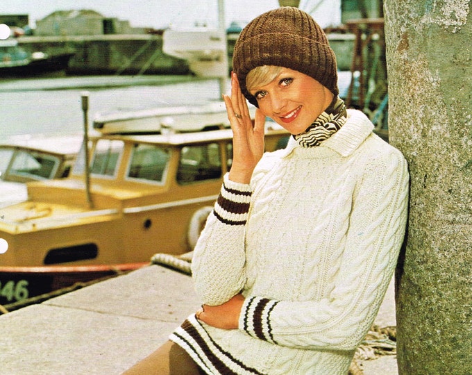 Ladies 70s aran sweater knitting pattern, Ladies Womens 70s crew neck cable aran sweater pattern - 34" - 40" chest - Lister lee target 595