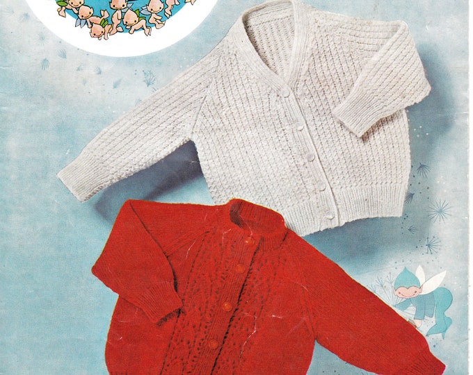 Baby Babies Toddlers 60s vintage 4 ply easy to knit lacy V round neck raglan cardigan knitting pattern 18" to 20" chest PDF Peter Pan 90 P90