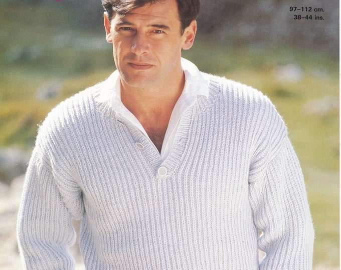 Mens 90s sweater knitting pattern, Mens 90s easy to knit shirt neck ribbed rib DK sweater pattern - 38" - 44" chest - Argyll 816