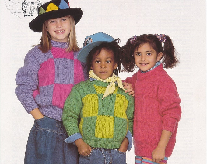 Boys Girls 90s sweater knitting pattern, Boys Girls 90s crew neck cable and check chunky knit intarsia sweater pattern - 24" - 36" Jarol 605