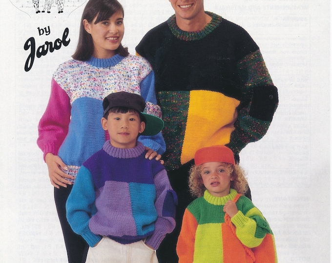 Easy family sweater knitting pattern, Colour block sweater, Chunky family sweater, 90s Geometric sweater - 22" - 44" chest - Jarol 826