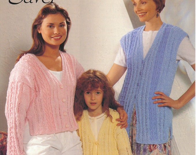 Ladies Girls 90s cardigan patterns, Ladies Womens Girls Long and short cable and lace DK cardigan waistcoat pattern - 24" - 42" - Jarol 994