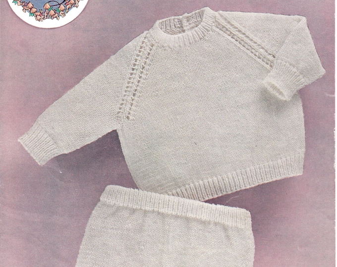 Original Pattern Peter Pan 245 Baby Babies 70s easy to knit DK round neck raglan jumper & pilch shorts knitting pattern 18" to 22" chest