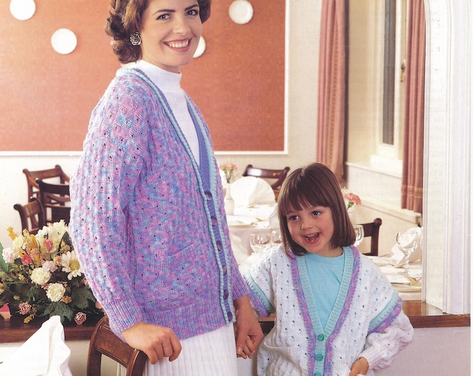 Ladies girls lacy cardigan knitting pattern, picot cardigan patterns, V neck drop shoulder cardigan in DK, 24" - 46" chest - Jarol 898