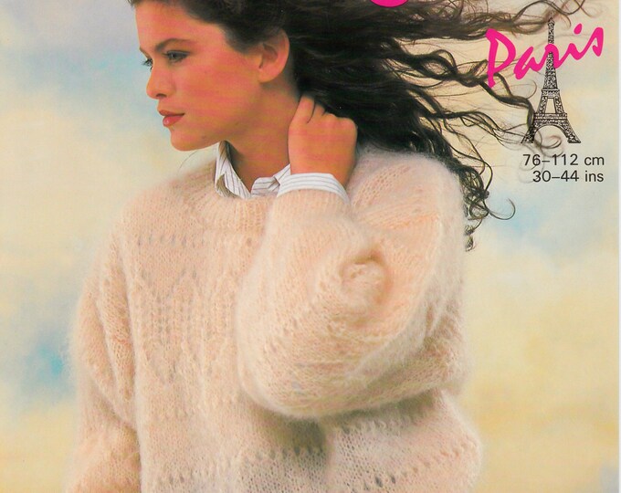 Ladies 90s sweater knitting pattern, Ladies Womens lacy drop shoulder round neck mohair sweater pattern - 30" - 44" chest - Sunbeam 1216