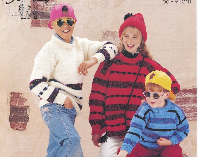Boys girls 90s sweater knitting pattern, Crew neck drop shoulder striped dolman sweater in chunky - 22" - 36" chest - Jarol 931