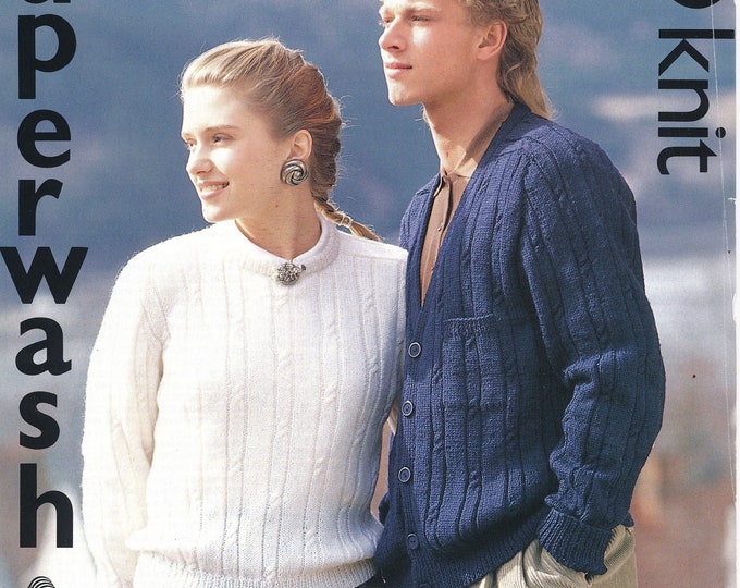 Ladies Mens cardigan sweater knitting pattern, Ladies Womens Mens 90s cable & rib DK cardigan sweater pattern - 22" - 44" chest - Jarol 570