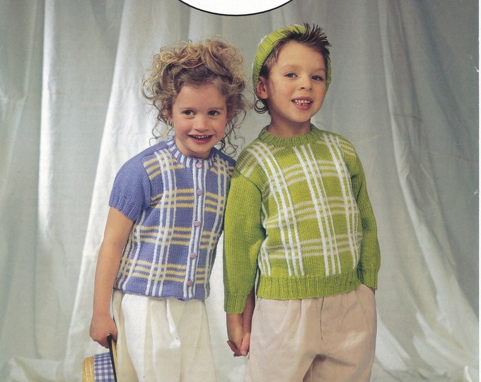 Boys girls sweater knitting pattern, Boys Girls check short sleeve DK cardigan and sweater pattern - 20" - 28" chest - Jarol 764