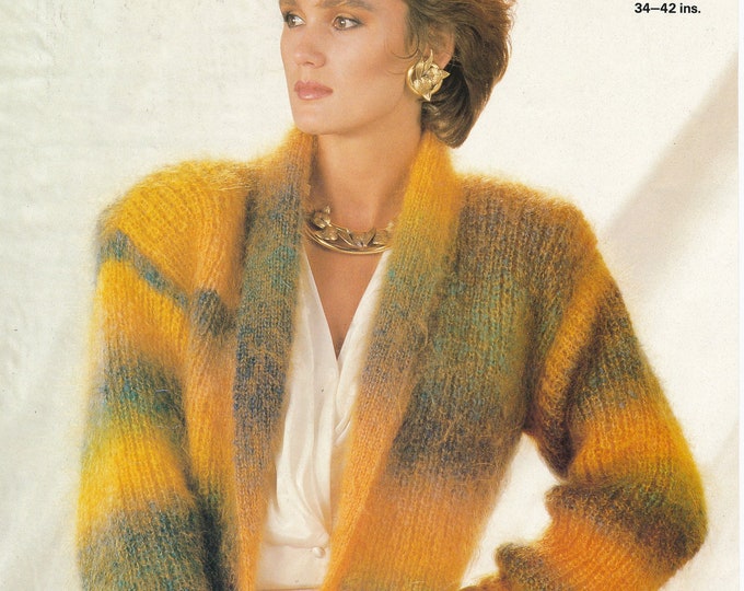 Ladies 90s jacket knitting pattern, Ladies 1990s shawl collar drop shoulder mohair jacket patterns - 34" - 42" chest - Argyll 791