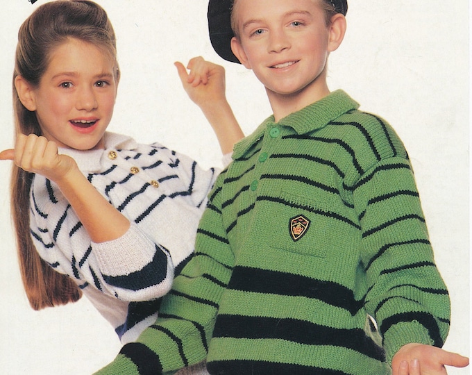 Girls Boys 90s DK shirt neck collared striped drop shoulder dolman polo sweater jumper knitting pattern 22" to 34" Instant Jarol 181