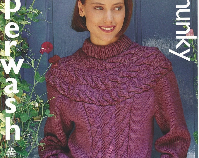 Ladies chunky sweater knitting pattern, Ladies crew neck sweater, Cable sweater, Ladies 90s sweater - 30" - 40" chest - Jarol 594