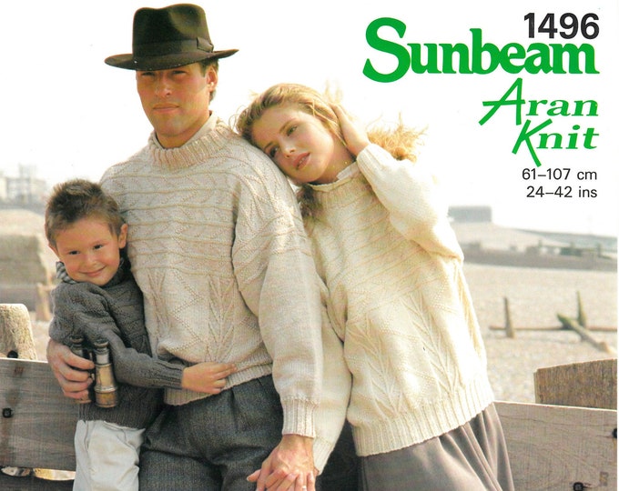 Original Knitting Pattern Sunbeam 1496 Womens Mens Boys Girls 90s crew neck cable drop shoulder aran dolman sweater jumper 24" to 42" chest