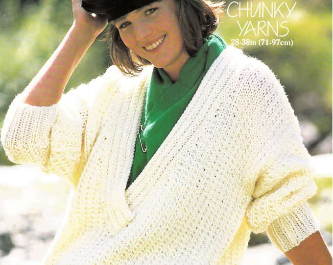 Ladies 90s sweater knitting pattern, Ladies Womens V neck drop shoulder chunky knit baggy dolman sweater pattern - 28" - 38" - lister 5351