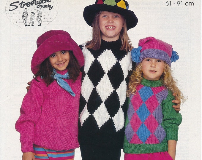 Girls Boys diamond sweater knitting pattern, Girls boys chunky knit crew neck intarsia sweater jumper pattern - 24" - 36" chest - Jarol 603