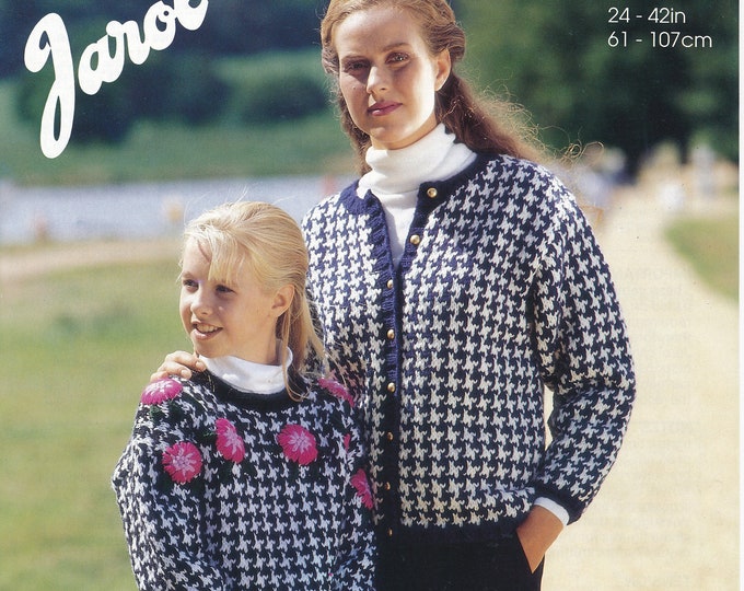 Ladies cardigan knitting pattern, 90s cardigan, girls chunky sweater, houndstooth fair isle sweater - 24" - 42" chest - Jarol 690