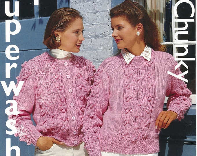 Ladies 90s sweater knitting pattern, Ladies Womens 90s crew neck chunky knit cable cardigan sweater pattern - 30" - 44" chest - Jarol 593