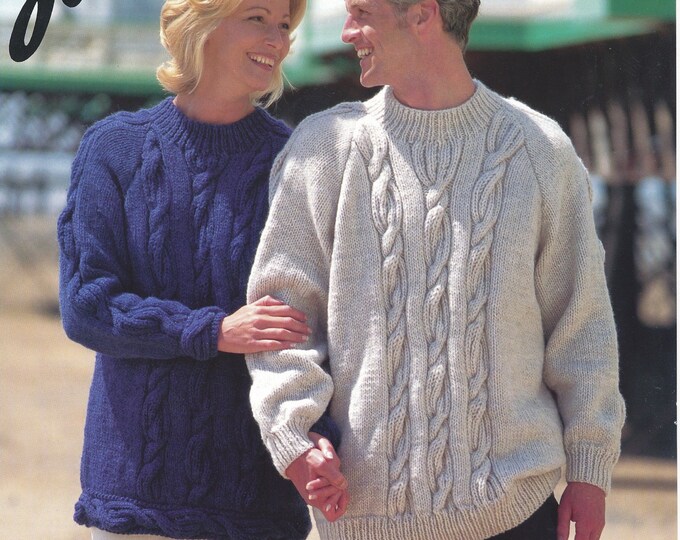 Ladies mens chunky sweater knitting pattern, Ladies Mens Womens 90s crew neck chunky knit cable sweater pattern - 34" - 48" - Jarol 1073