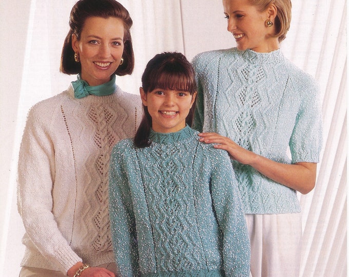 Original Knitting Pattern Jarol 865 Ladies Womens Girls 90s round neck cabled cable and lace panel DK raglan tunic sweater jumper 24" to 40"