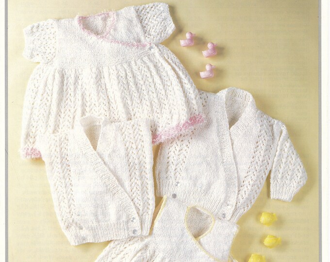 Baby cardigan dress knitting pattern, Babies lacy crossover DK cardigan gilet & long or sleeveless dress pattern - 16" - 22" chest Jarol 917