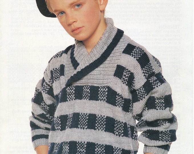 Boys 90s crossover shawl collar drop shoulder dolman DK check sweater jumper knitting pattern 22" to 34" chest Jarol 186