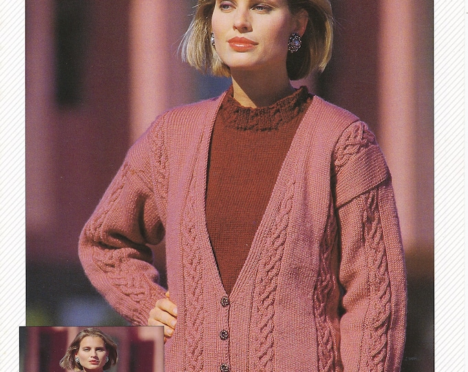 Original Pattern Jaeger 6402 Womens Ladies 90s DK cabled drop shoulder cardigan & round neck sweater twin set knitting pattern 32" to 42"