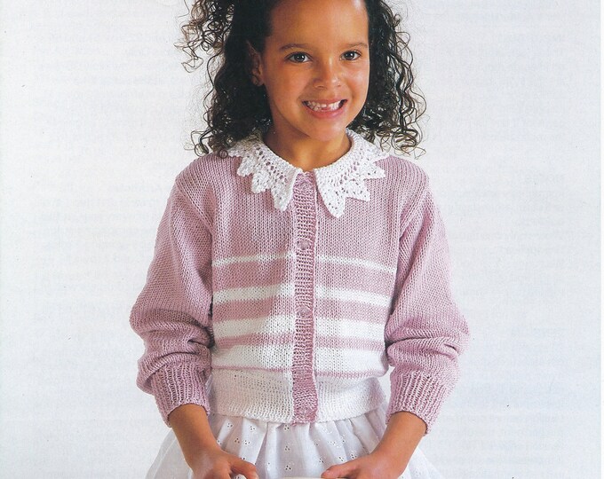 Girls DK cardigan knitting pattern, Girls toddlers striped raglan cardigan pattern with lace collar - 20" - 32" chest - Jarol 1105