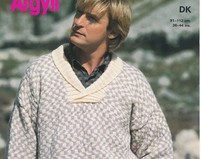 Original Knitting Pattern Argyll 814 Mens Mans 90s DK shawl collar V neck drop shoulder dolman sweater jumper pattern 36" to 44" chest