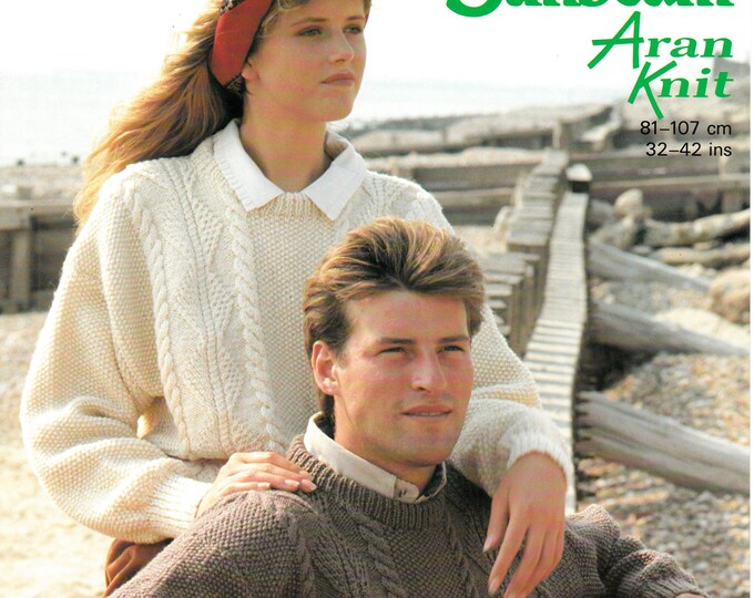 Original Knitting Pattern Sunbeam 1497 Womens Mens 90s crew neck cable cabled texture drop shoulder dolman aran sweater jumper 32" to 42"