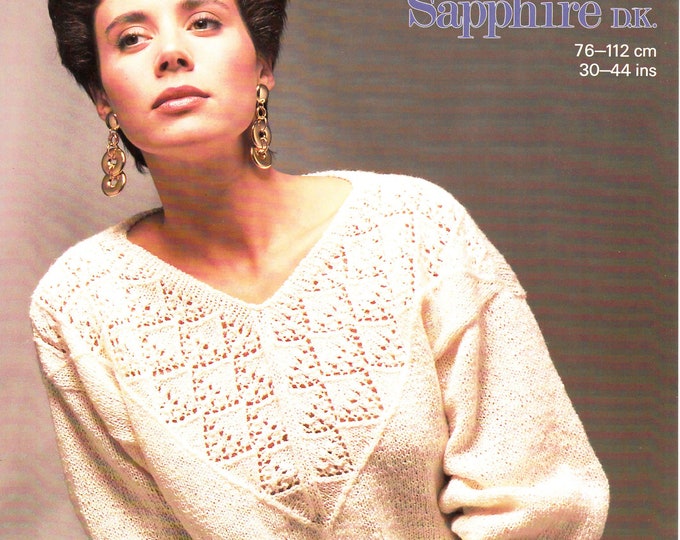 Original Knitting Pattern Sunbeam 1230 Womens Ladies 90s lace panel lacy yoked drop shoulder dolman sweater jumper 30" to 44" chest