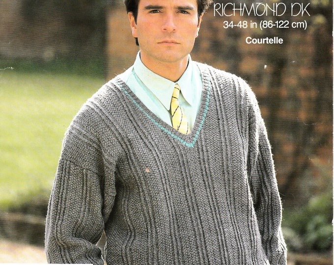 Mens Mans 90s V neck drop shoulder rib ribbed DK dolman jumper and sweater vest tank top knitting pattern 34" to 48" Lister 5316