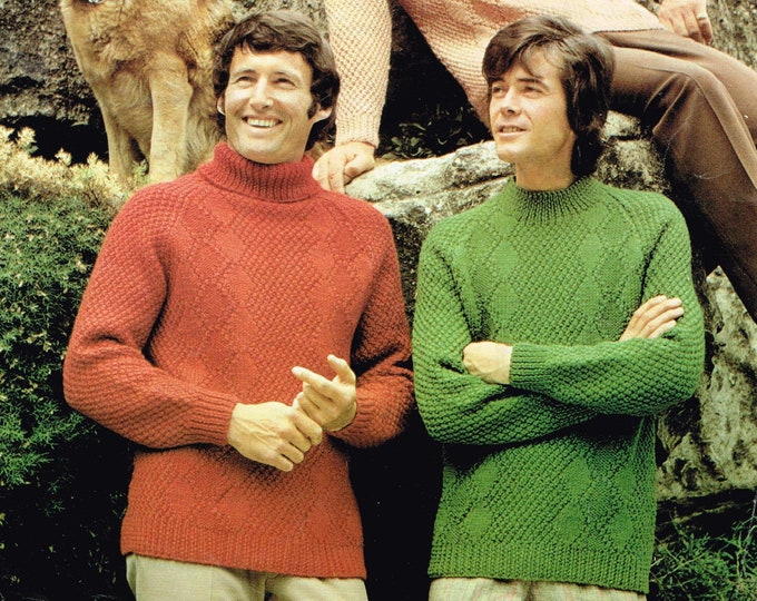 Mens 70s sweater knitting pattern, Mens 70s crew V or polo neck textured raglan DK sweater jumper pattern - 38" - 44" chest - copley 1129