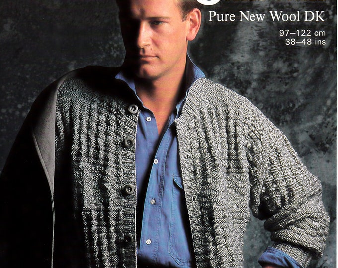 Original Knitting Pattern Sunbeam 1125 Mens Mans 90s DK round neck enterlac drop shoulder dolman cardigan 38" to 48" chest