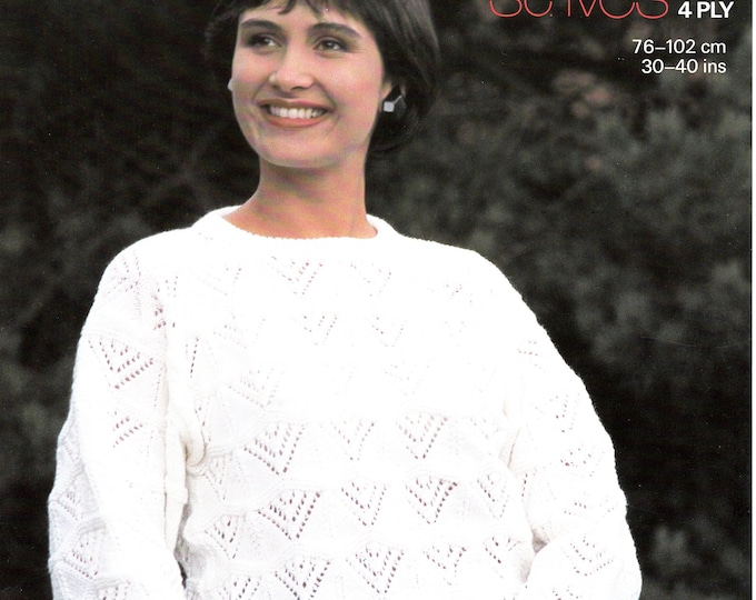 Original Knitting Pattern Sunbeam 1181 Ladies Womens 90s 4 ply round neck lacy drop shoulder dolman sweater jumper pullover 30" to 40" chest
