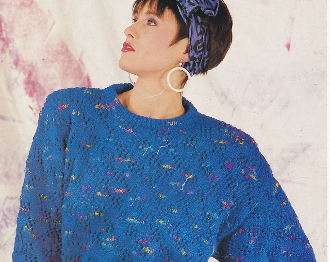 Original Knitting Pattern Argyll 745 Ladies Womens 90s DK round neck drop shoulder lacy lace dolman sweater jumper 30" to 40" chest