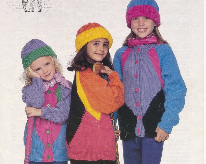 Boys Girls colourful jacket knitting pattern, Girls boys colour blocke chunky knit cardigan jacket and hat pattern - 24" - 36" - Jarol 606