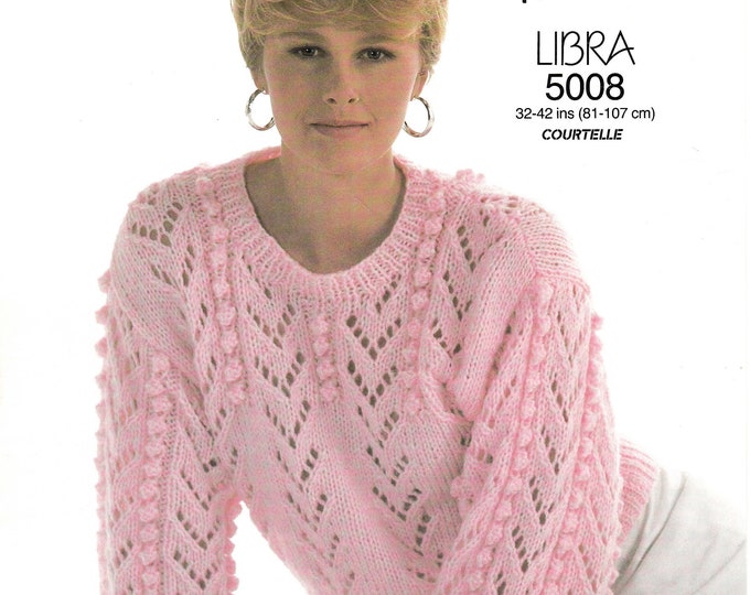 Ladies Womens 90s round neck cabled lacy chunky knit drop shoulder dolman sweater jumper pdf knitting pattern 32" to 42" Lister 5008