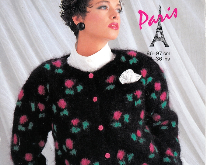 Original Knitting Pattern Sunbeam 976 Ladies Womens 90s floral intarsia round neck drop shoulder dolman mohair cardigan 34" to 36" chest