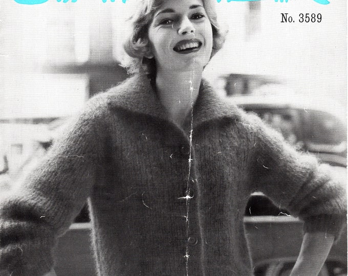 Original Pattern Jaeger 3589 Ladies Womens 50s vintage easy knit round neck collared raglan mohair cardigan knitting pattern 34" to 38" bust