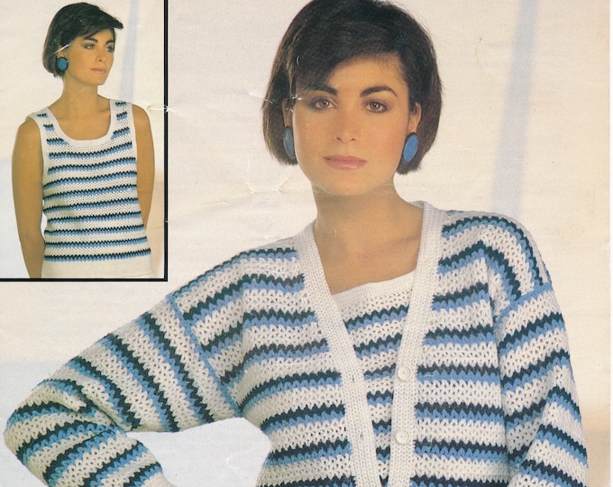 Ladies cardigan crochet pattern, Ladies Womens striped crochet slipover summer top 4 ply cardigan pattern - 32" - 42" chest - Jarol 3145
