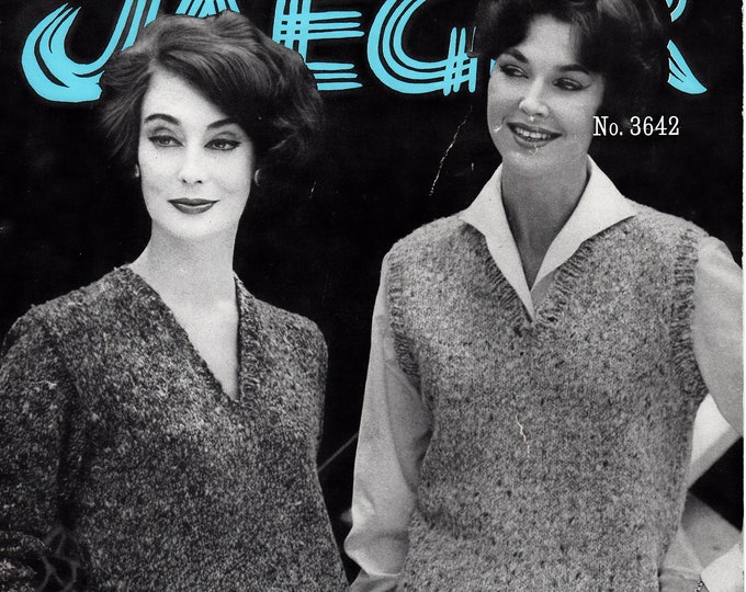 Original Pattern Jaeger 3642 Womens Ladies 50s easy to knit V neck raglan aran jumper sweater vest & skirt knitting pattern 34" to 38" chest