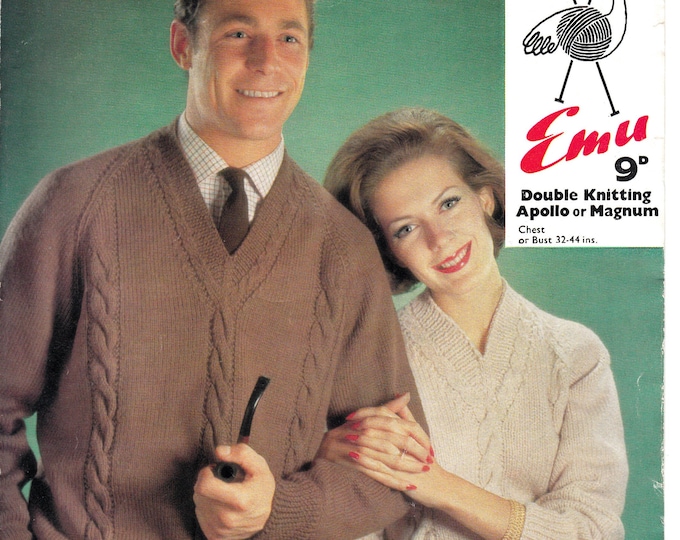 Original Knitting Pattern Emu 4103 Womens Ladies Mens 50s vintage chunky knit V neck cabled raglan sweater jumper pullover 32" to 44" chest