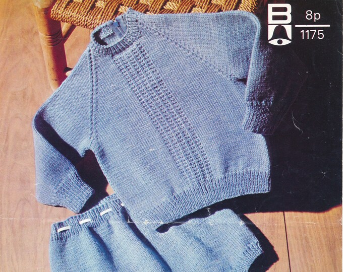 Original Knitting Pattern Bellmans 1175 Baby Babies 80s easy to knit 4 ply texture panel raglan sweater & pilch 20" to 22" chest