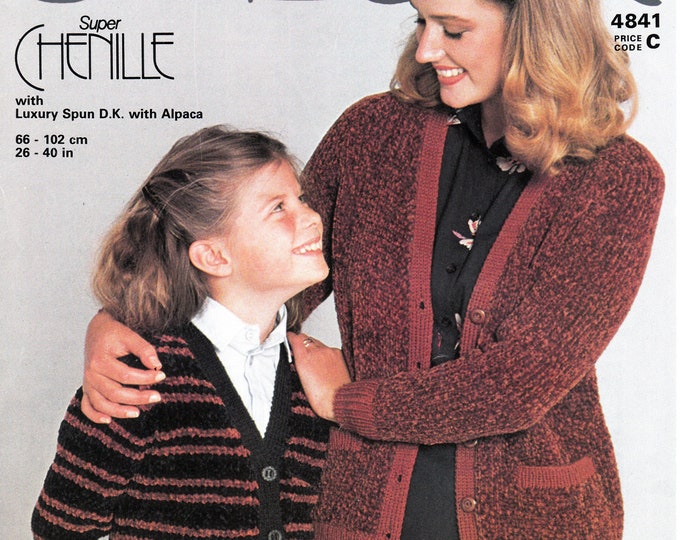 Original Knitting Pattern Jaeger 4841 Womens Girls 80s vintage easy to knit V neck striped or plain chenille & DK raglan cardigan 26" to 40"