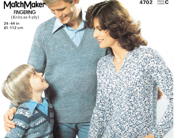 Original Pattern Jaeger 4702 Ladies Womens Mens Boys Girls family easy to knit V neck raglan 4 ply sweater knitting pattern 24" to 44" chest