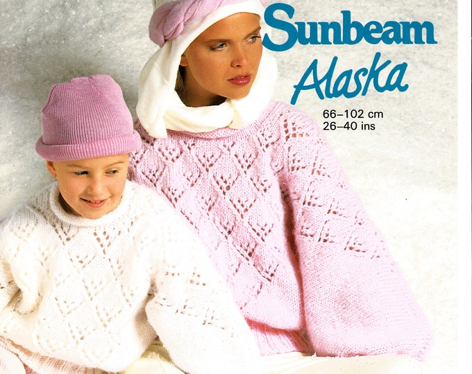 Original knitting pattern Sunbeam 1014 Girls Ladies 80s chunky knit round neck eyelet lacy dolman puff sleeve sweater jumper 26" to 40"